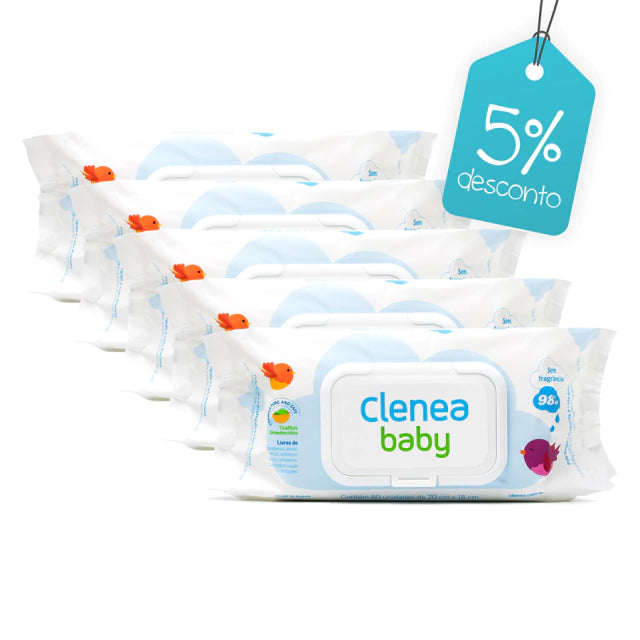 Kit promocional com 5 pacotes de Clenea Baby sem fragrância, 80 toalhinhas