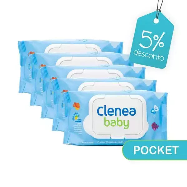 Kit promocional com 5 pacotes de Clenea Baby Pocket com fragrância, 20 toalhinhas