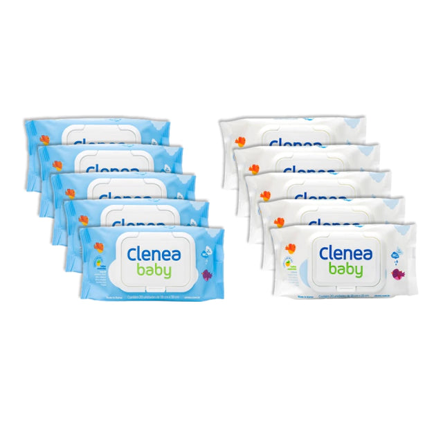 Kit promocional com 5 Clenea Baby Pocket com fragrância + 5 sem fragrância, 20 toalhinhas