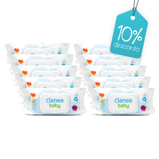 Kit promocional com 10 pacotes de Clenea Baby sem fragrância, 80 toalhinhas