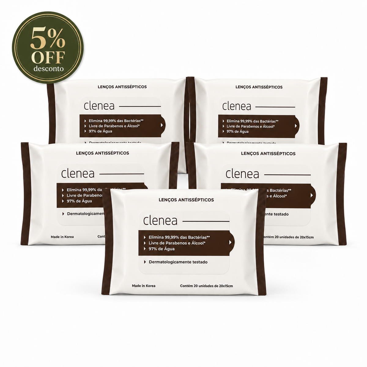 Kit promocional com 5 pacotes de Clenea Antisséptico