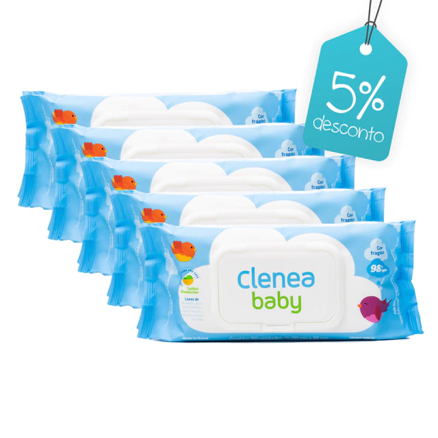 Kit promocional com 5 pacotes de Clenea Baby com fragrância, 80 toalhinhas