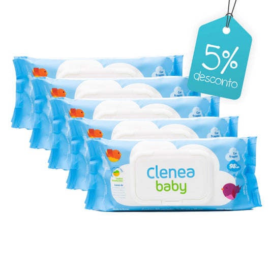 Kit promocional com 5 pacotes de Clenea Baby com fragrância, 80 toalhinhas