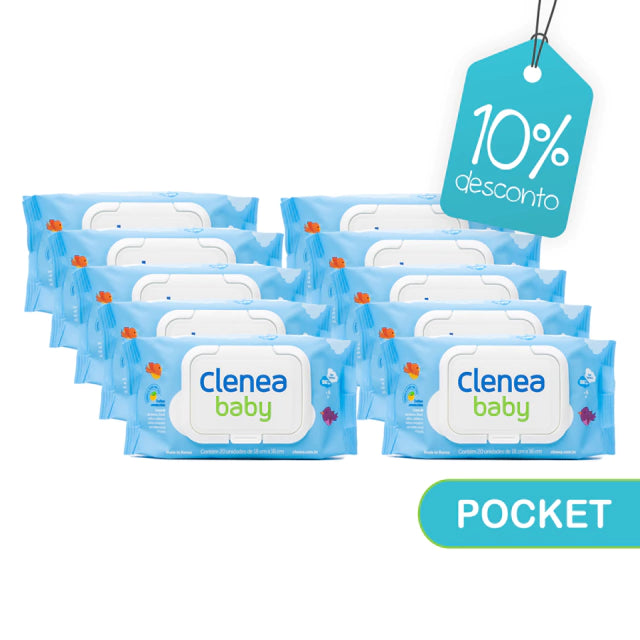 Kit promocional com 10 pacotes de Clenea Baby Pocket com fragrância, 20 toalhinhas