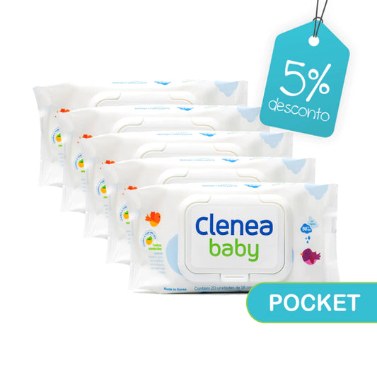 Kit promocional com 5 pacotes de Clenea Baby Pocket sem fragrância, 20 toalhinhas