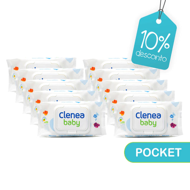 Kit promocional com 10 pacotes de Clenea Baby Pocket sem fragrância, 20 toalhinhas