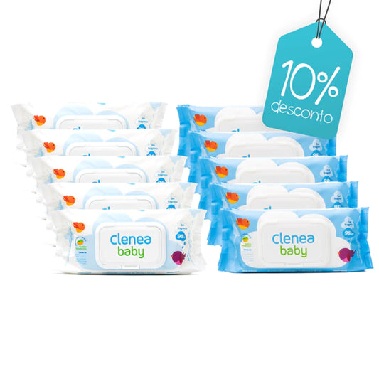 Kit promocional com 5 Clenea Baby com fragrância + 5 sem fragrância, 80 toalhinhas
