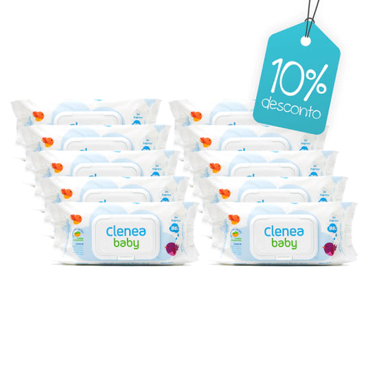 Kit promocional com 10 pacotes de Clenea Baby sem fragrância, 80 toalhinhas